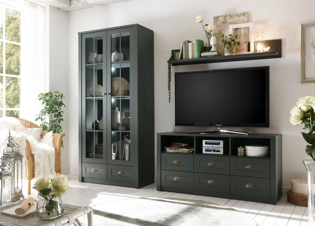 VITRINE grün Landhaus 90 x 197 cm, Vitrinenschrank für Wohn- und Esszimmer - Chromfarben/Schwarz, Glas/Holzwerkstoff (90/197/43cm) - Furn.Design