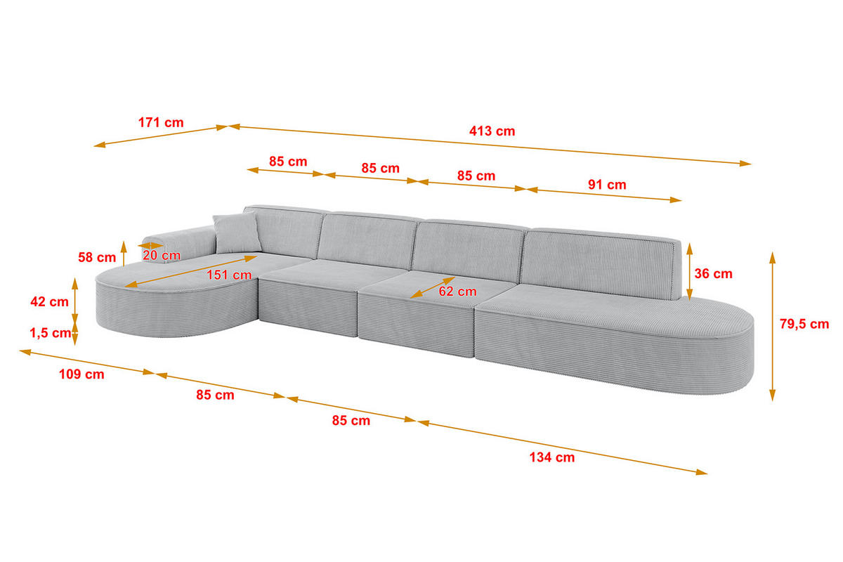 ECKSOFA Ottomane Links MARI-L3 - 413x171x79 cm Grau Cord - Schwarz/Grau, Holzwerkstoff/Kunststoff (165/406cm) - ALTDECOR