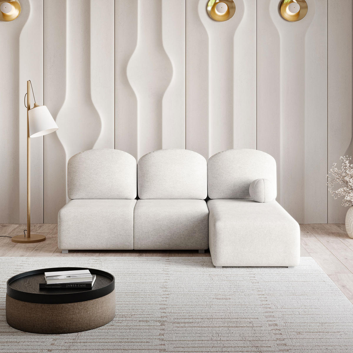 ECKSOFA TRAMA Creme Geflochtener Stoff mit Schlaffunktion - Creme, Holz (200/143cm) - MASSENO