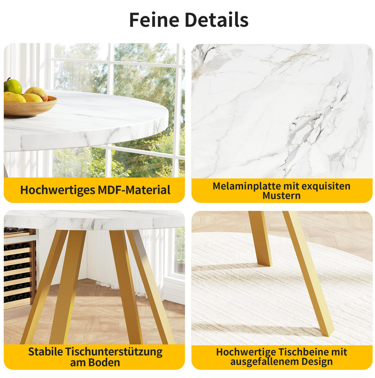 ESSTISCH 80/80/75 cm in Weiß/Gold mit Marmoroptik und Metallgestell - Weiß, Holzwerkstoff (80/80/75cm) - Flora Grace