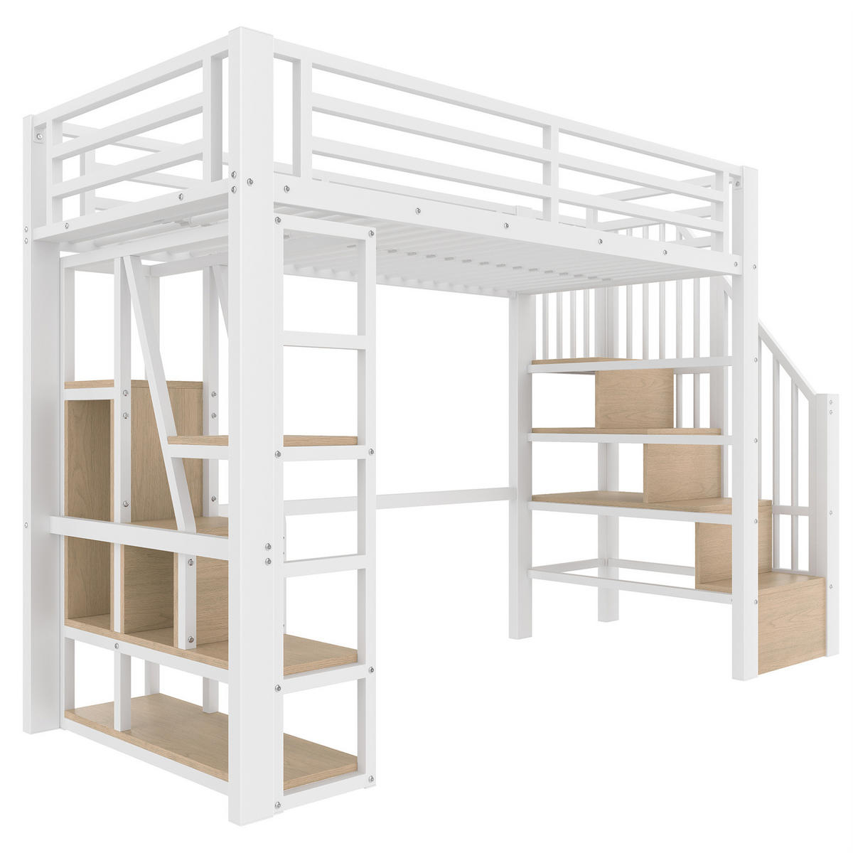 HOCHBETT 90/200 cm in Weiß mit Stauraumtreppe, Rausfallschutz und LED - Weiß, Holzwerkstoff (90/200cm) - BEAOK