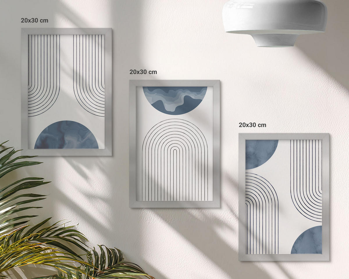 BILDER SET 3er Set - 20x30 cm Silberner Rahmen - Abstrakte blaue Muster - Silberfarben, Kunststoff (20/30cm) - TULUP