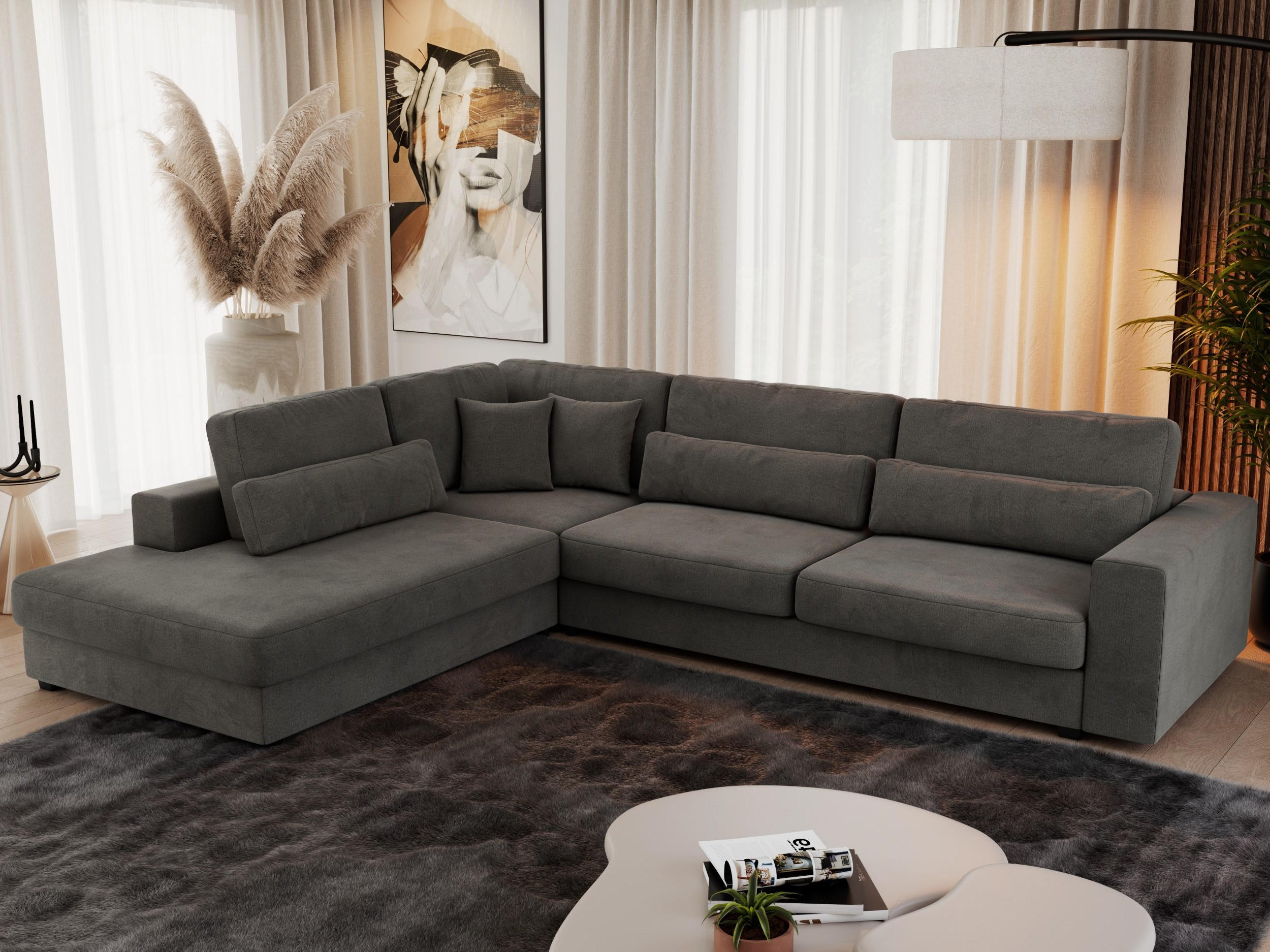 ECKSOFA Savona Dunkelgrau Velvet - links - Dunkelgrau/Schwarz, Kunststoff/Textil (316/249cm) - MKS