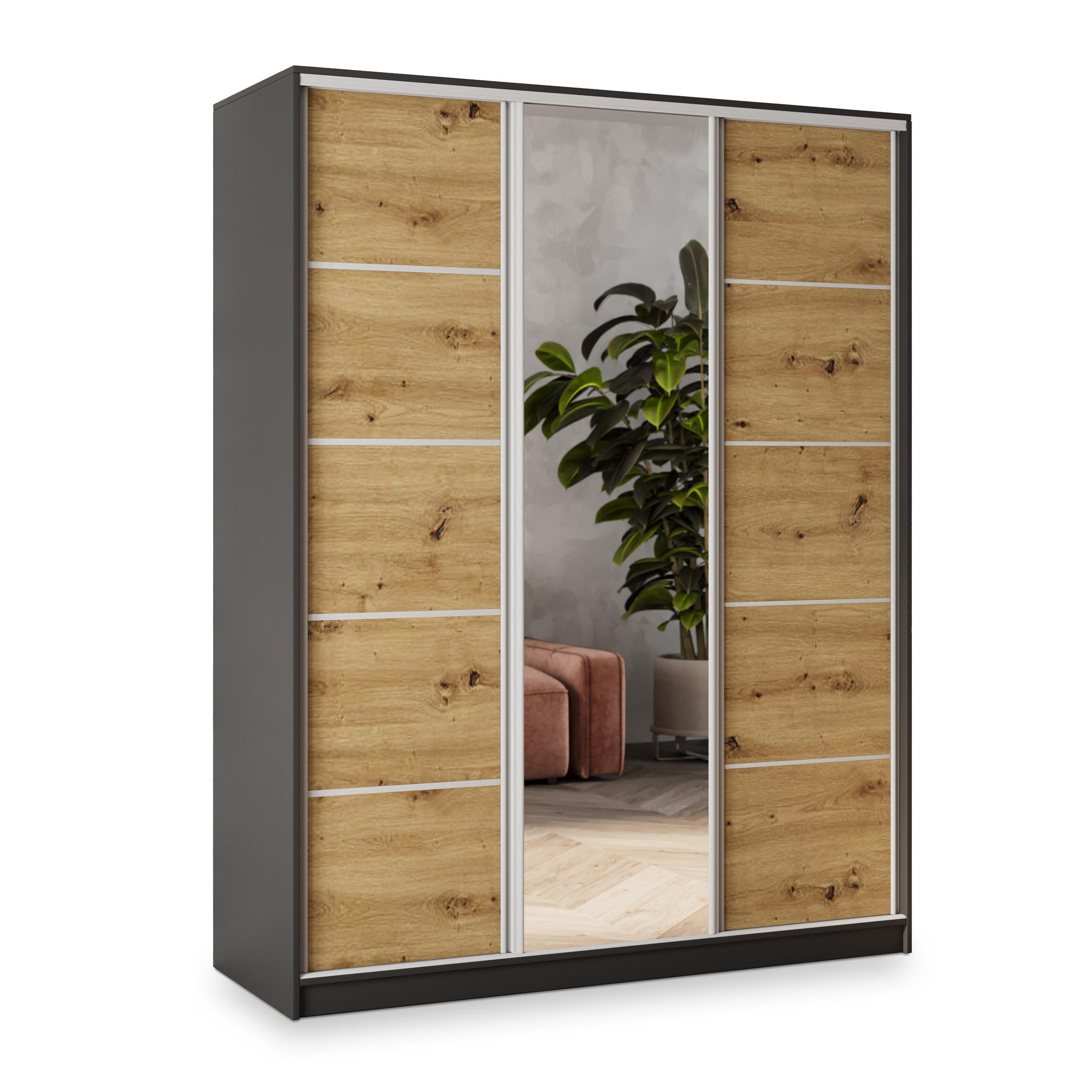 SCHWEBETÜRENSCHRANK NATA 150/205/58 cm 3-türig mit Spiegel und Schubladen Schwarz / Eiche Artisan - Silberfarben/Schwarz, Holzwerkstoff (150/205/58cm) - MASSENO