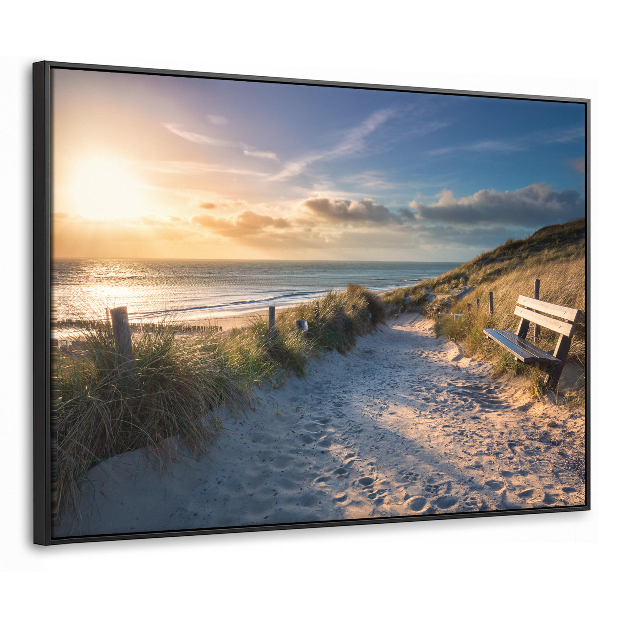 LEINWAND Bilder mit Rahmen - Sonnenuntergang - Strand - Düne - Gras - Ufer - 100x70 - Sandfarben, Textil (100/70cm) - MuchoWow