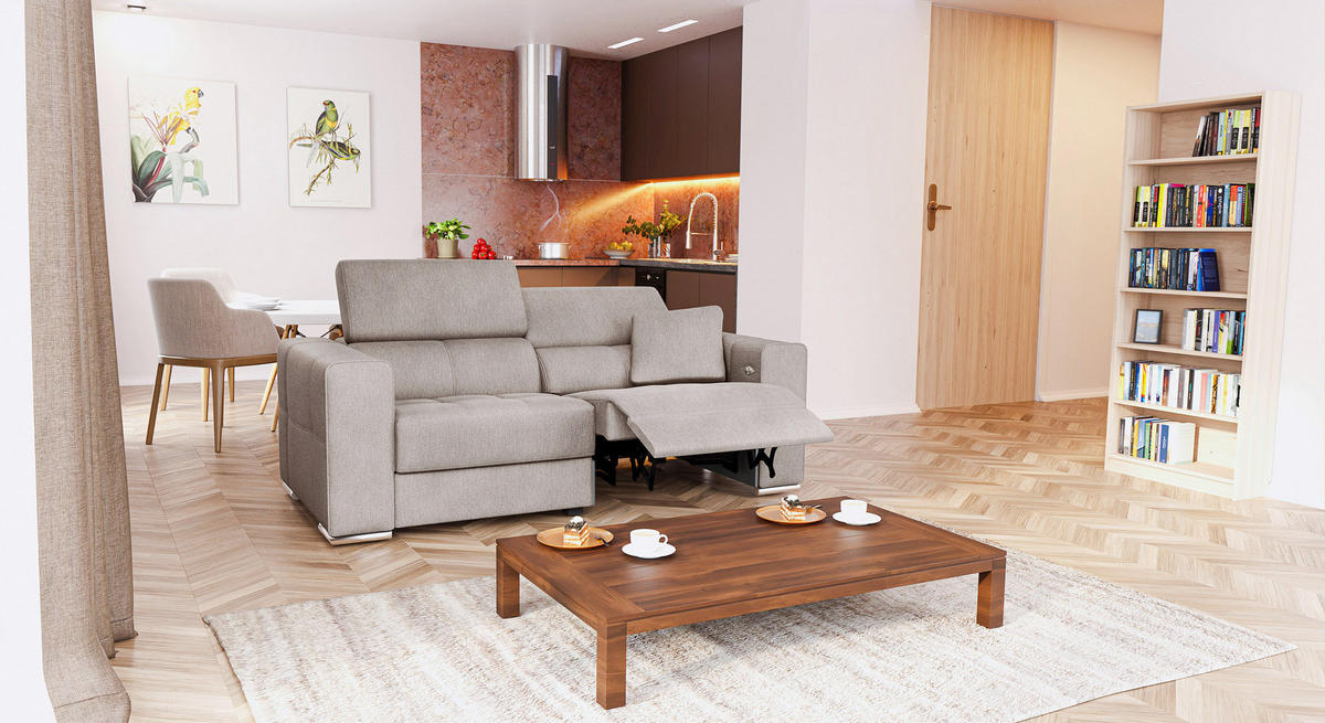 SOFA QUARTZ 3-Sitzer mit 1 Relaxfunktion, beige - Beige/Silberfarben, Holzwerkstoff/Textil (204/80/102cm) - Courtois Laville