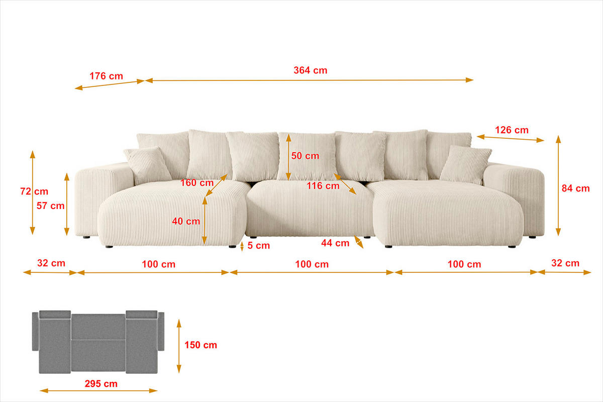 WOHNLANDSCHAFT mit Schlaffunktion ESKAR-U -364x176x84cm Beige Cord - Beige/Schwarz, Holzwerkstoff/Kunststoff (364/84/176cm) - ALTDECOR