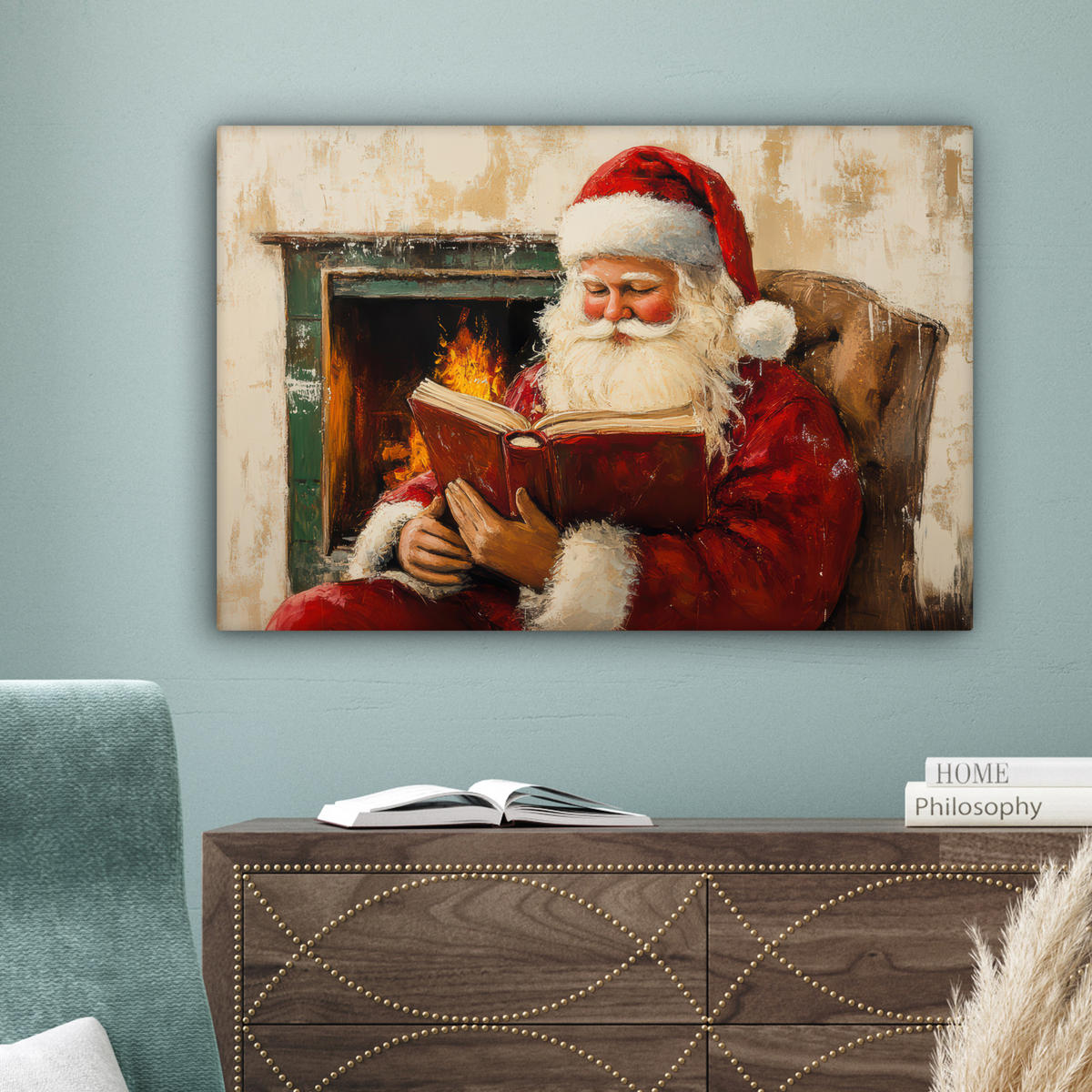 LEINWANDBILD Weihnachten - Weihnachtsmann - Winter - Open Fireside Gemälde 60x40 cm - Dunkelrot, Textil (60/40cm) - MuchoWow