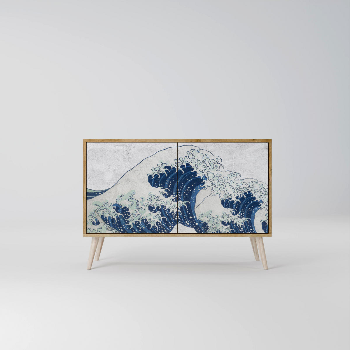 SIDEBOARD THE GREAT WAVE AT KANAGAWA, Eicheneffekt, 111x42x77,5 cm, 2 Türen - Eichefarben/Buchefarben, Holzwerkstoff/Buchenholz (111/77.5/42cm) - SpaceRebels