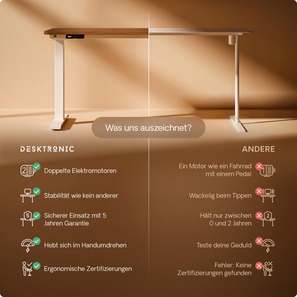 SCHREIBTISCH Elektrisch Höhenverstellbarer HomeOne 160x80cm Weiß/Walnuss mit Memory-Funktion, Anti-Kollisions Technologie - Walnussfarben/Weiß, Holzwerkstoff (80/160/72cm) - Desktronic