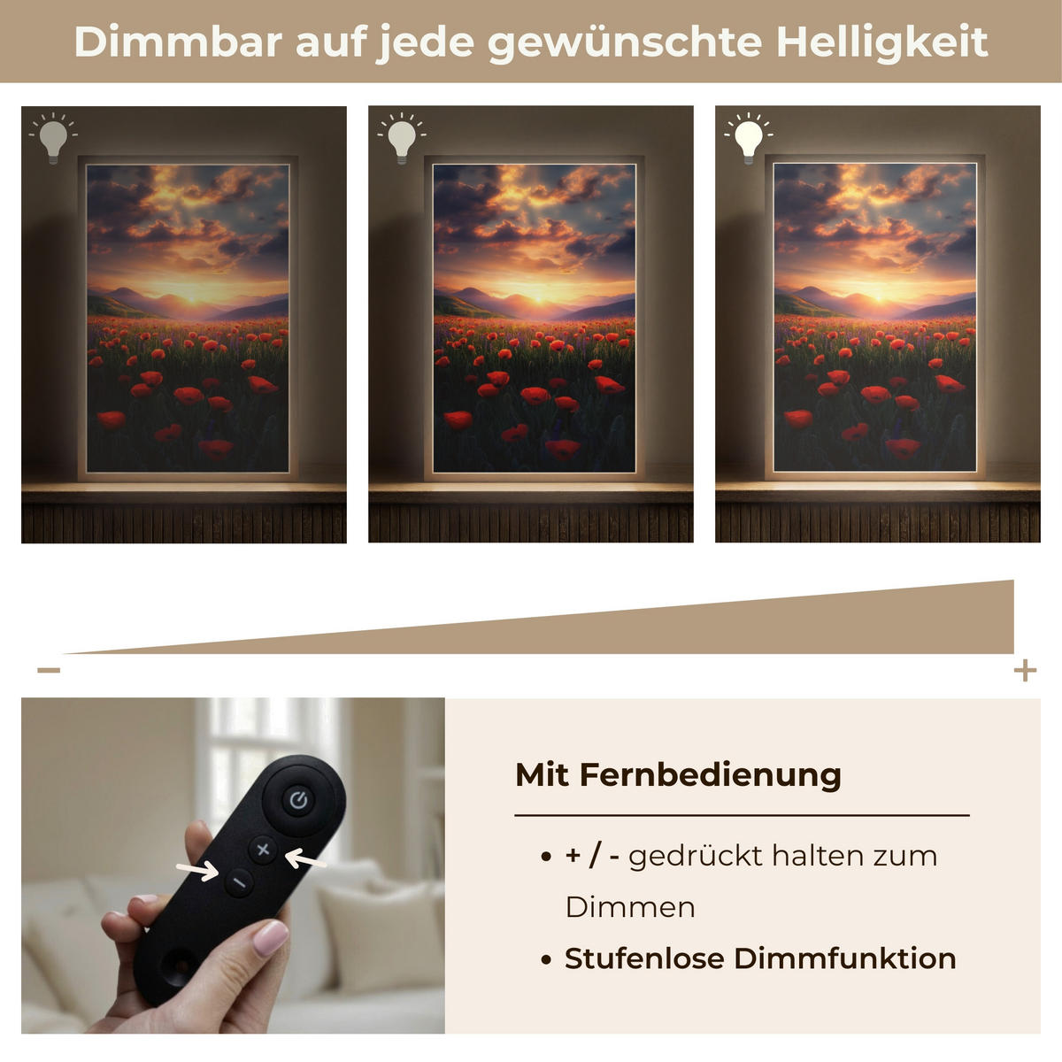 WANDLEUCHTE MIT AKKU Landschaft - Sonnenuntergang - Blumenfeld 40x60 cm - Rot, Holzwerkstoff (40/60/8cm) - OnlyWow