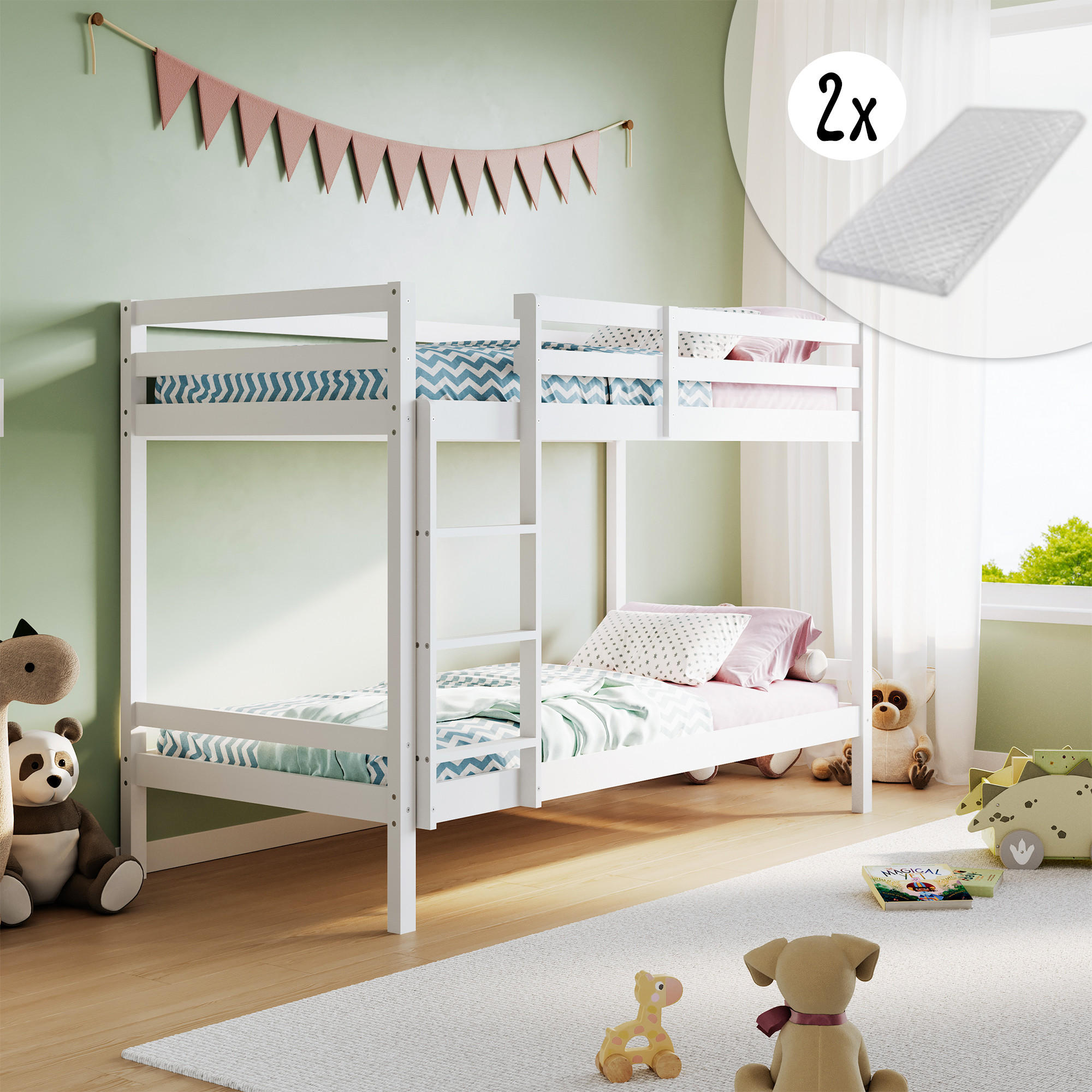 ETAGENBETT mit zwei Matratzen 90x200 cm in Weiß - Weiß, Holz (90/200cm) - Kids Collective