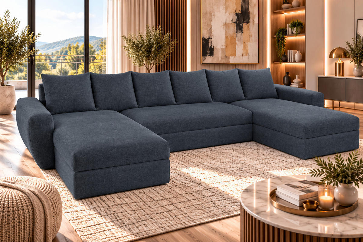 WOHNLANDSCHAFT PUMA U-Form 308 cm mit Schlaffunktion, Bettkasten, Kunstleder-Stoff oder Samt, verschiedene Farben - Anthrazit/Schwarz, Kunststoff (308/85/140cm) - Wohnideebilder