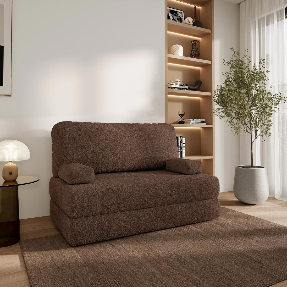 BETTSOFA KESTE aus Schaumstoff Bucle-Stoff Braun Schlaffunktion - Braun, Textil (140/86/60cm) - MASSENO