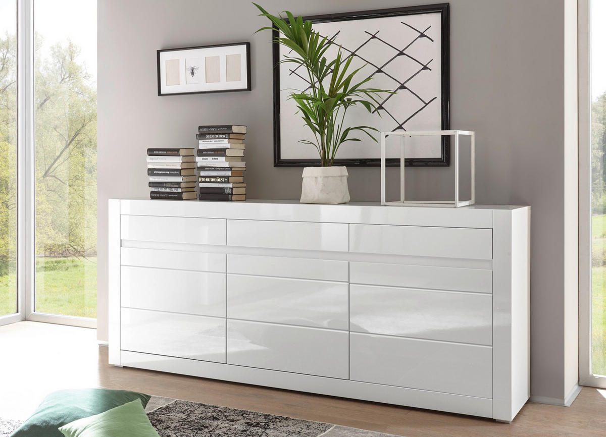 SIDEBOARD Hochglanz weiß, mit weiß oder grau, große Anrichte 217 cm Soft-Close-Funktion - Weiß Hochglanz/Weiß, Holzwerkstoff/Kunststoff (217/90/42cm) - Furn.Design