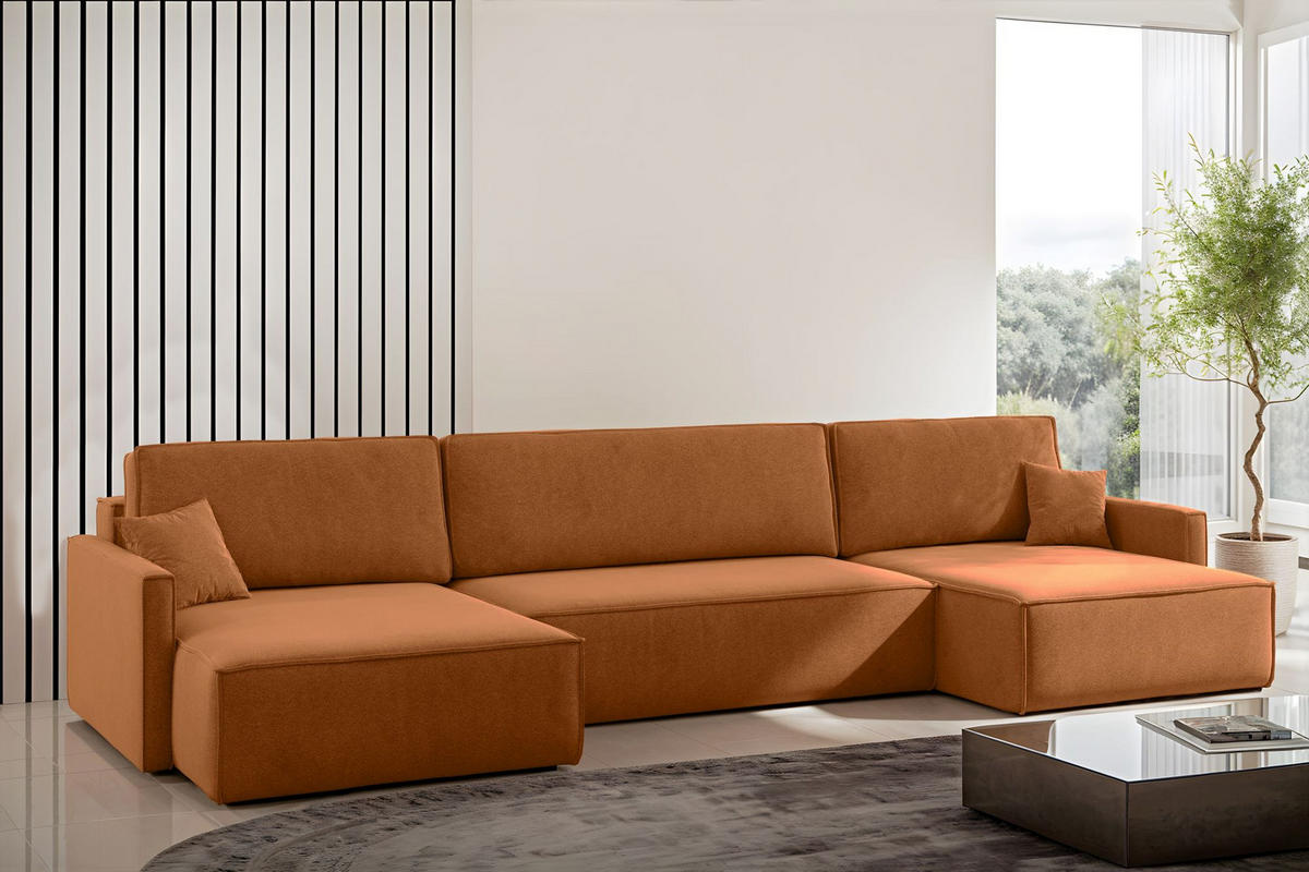 ECKSOFA Carlos U-Form Mit Schlaffunktion Und Bettkasten Stoff Salvador Braun - Braun, Holz (348/142cm) - Kaiser Möbel