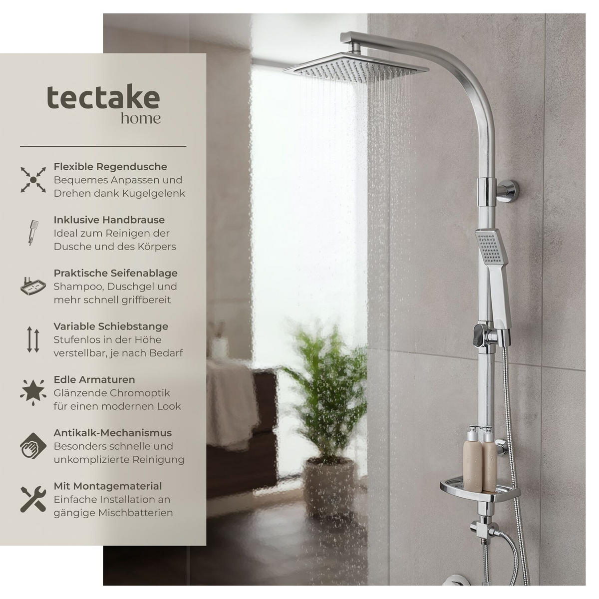 REGENDUSCHSYSTEM , Antikalktechnik, grau - Grau, Metall (20/110/49cm) - tectake