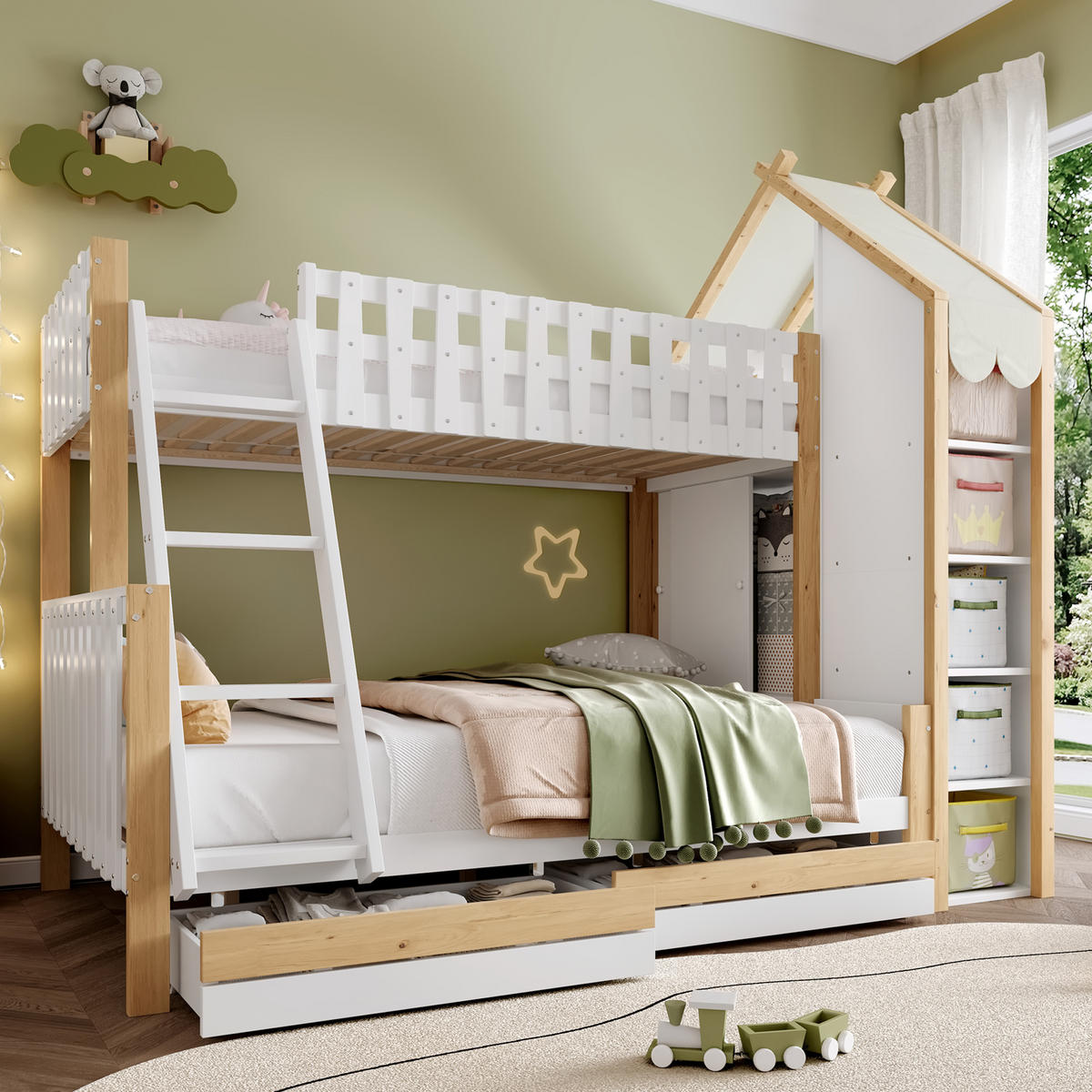 ETAGENBETT 90x200cm + 140x200cm Weiß + Natur 2 Schubladen Hausleiste - Multicolor, Holz (140/200cm) - FLIEKS