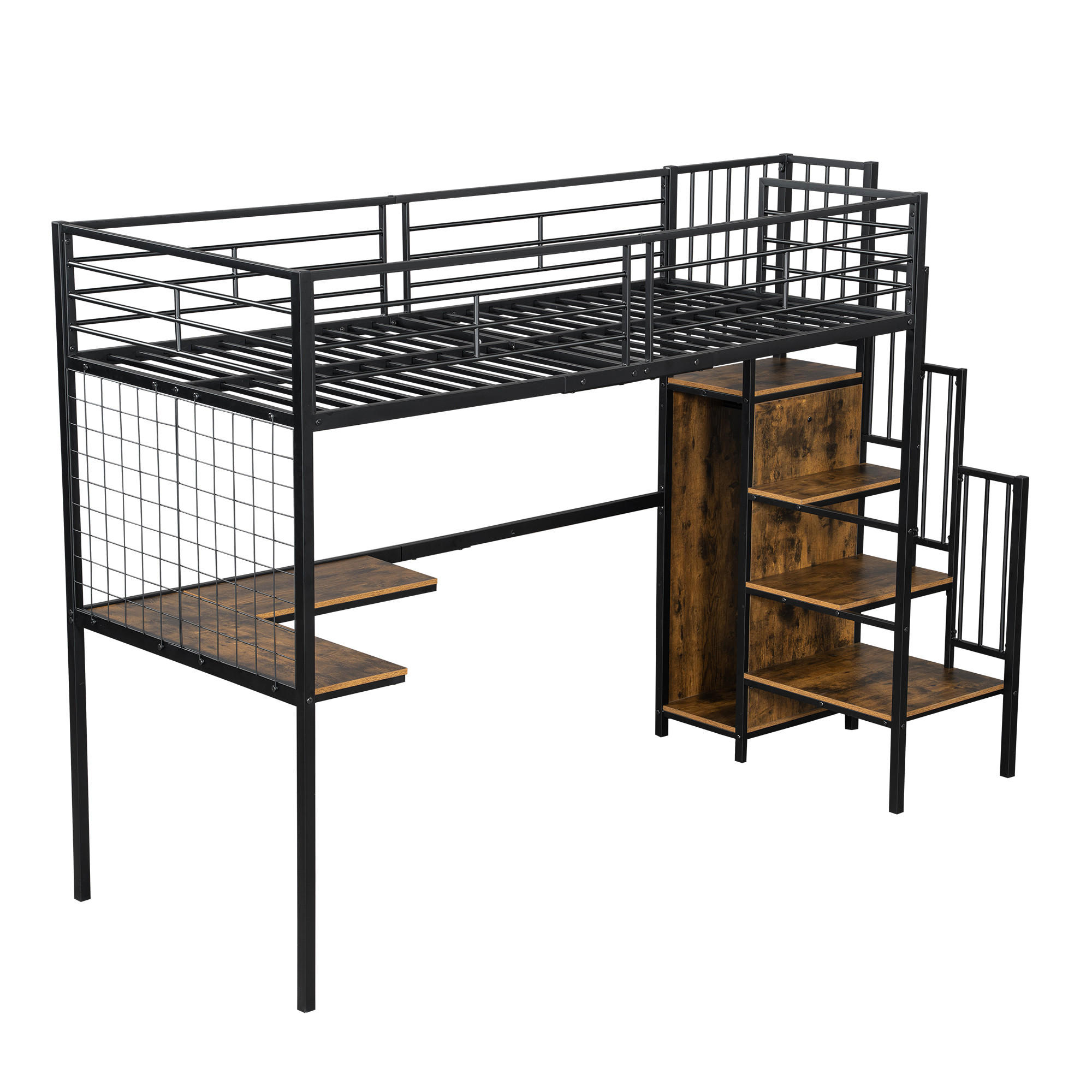 EISENBETT 90x200 cm aus MDF & Metall mit Treppe und Kleiderschrank, schwarz-dunkelwalnuss - Schwarz, Holzwerkstoff (90/200cm)