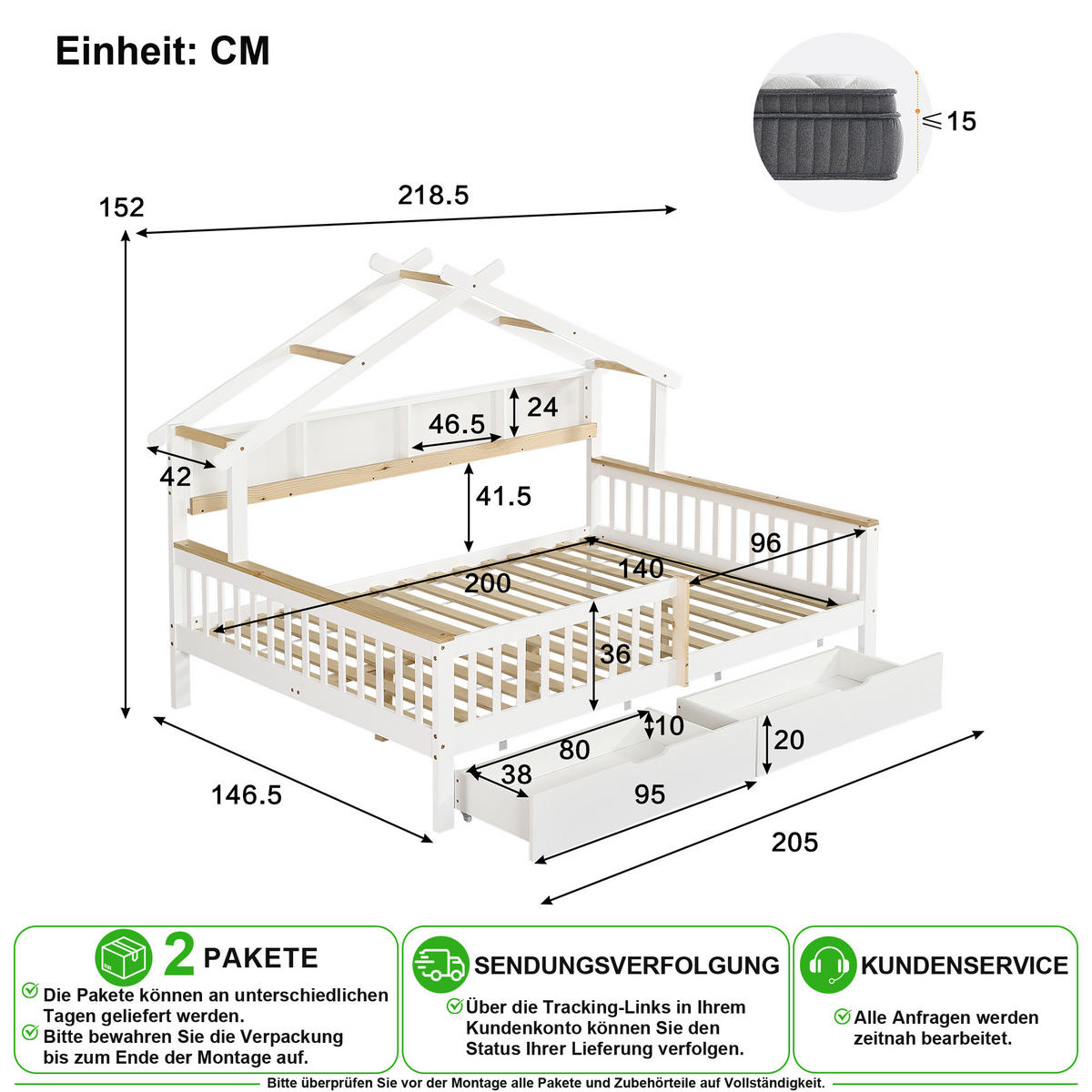 KINDERBETT 140/200 cm in Weiß & Natur mit 2 Schubladen und Dachdesign - Weiß/Naturfarben, Holz/Holzwerkstoff (140/200cm) - CHICFURN