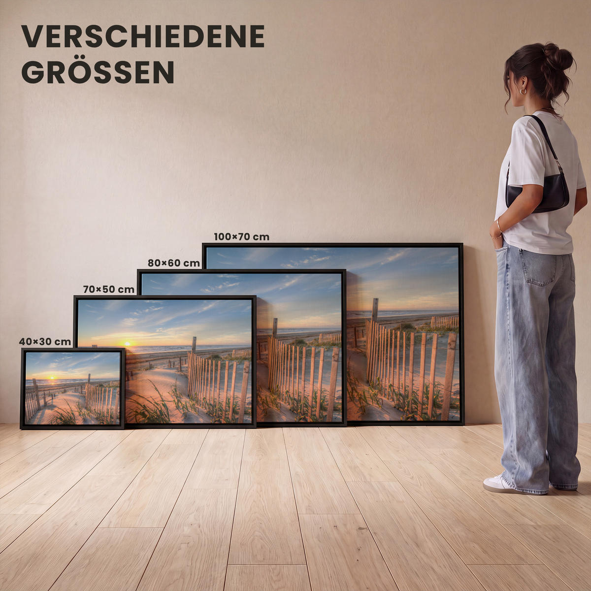 LEINWAND Bilder mit Rahmen - Strand - Meer - Düne - Sonnenuntergang - Landschaft - 100x70 - Beige, Textil (100/70cm) - MuchoWow