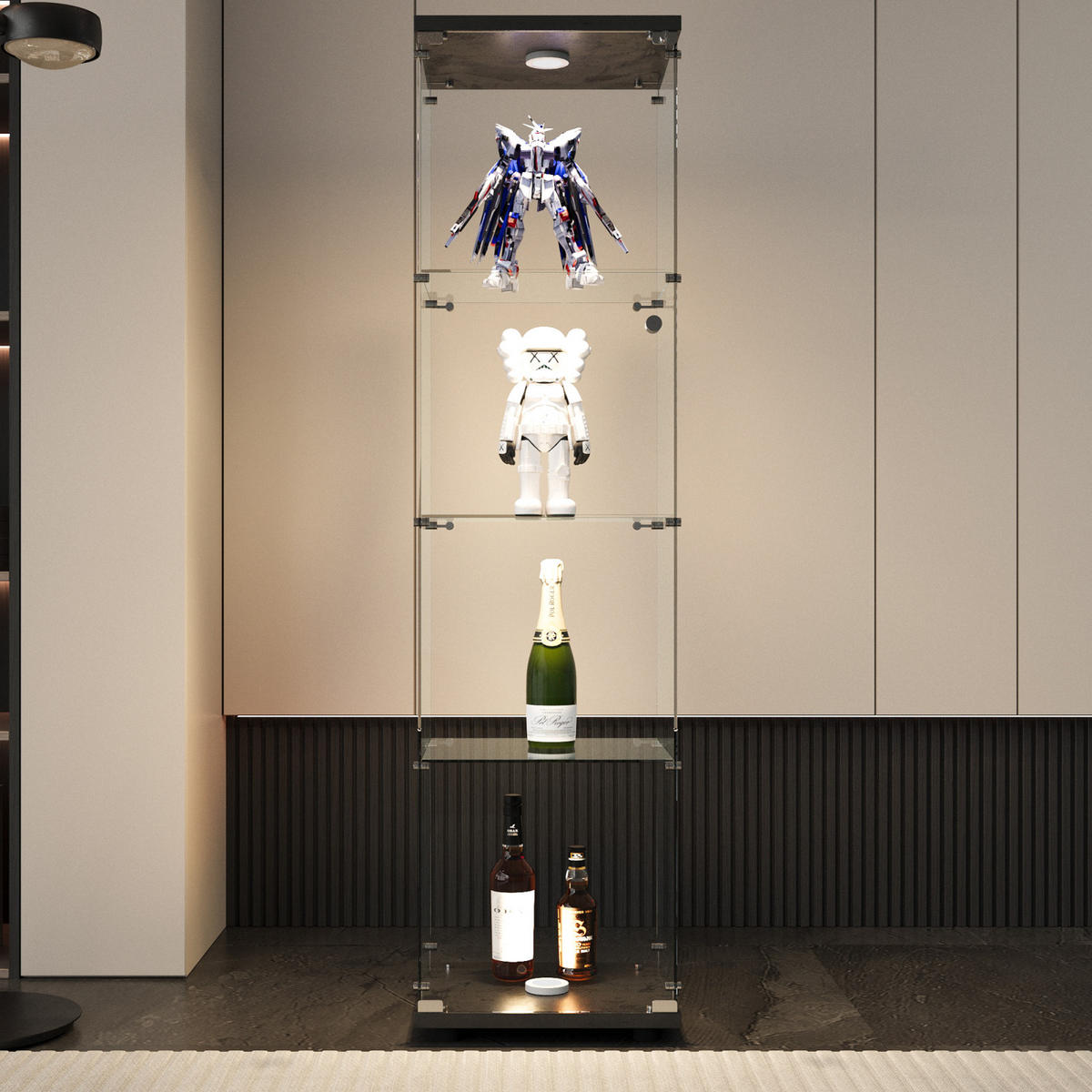 VITRINE Glas, 4 Ebenen, LED, für Sammlerstücke, Schwarz - Schwarz, Holz (42/164/36cm)