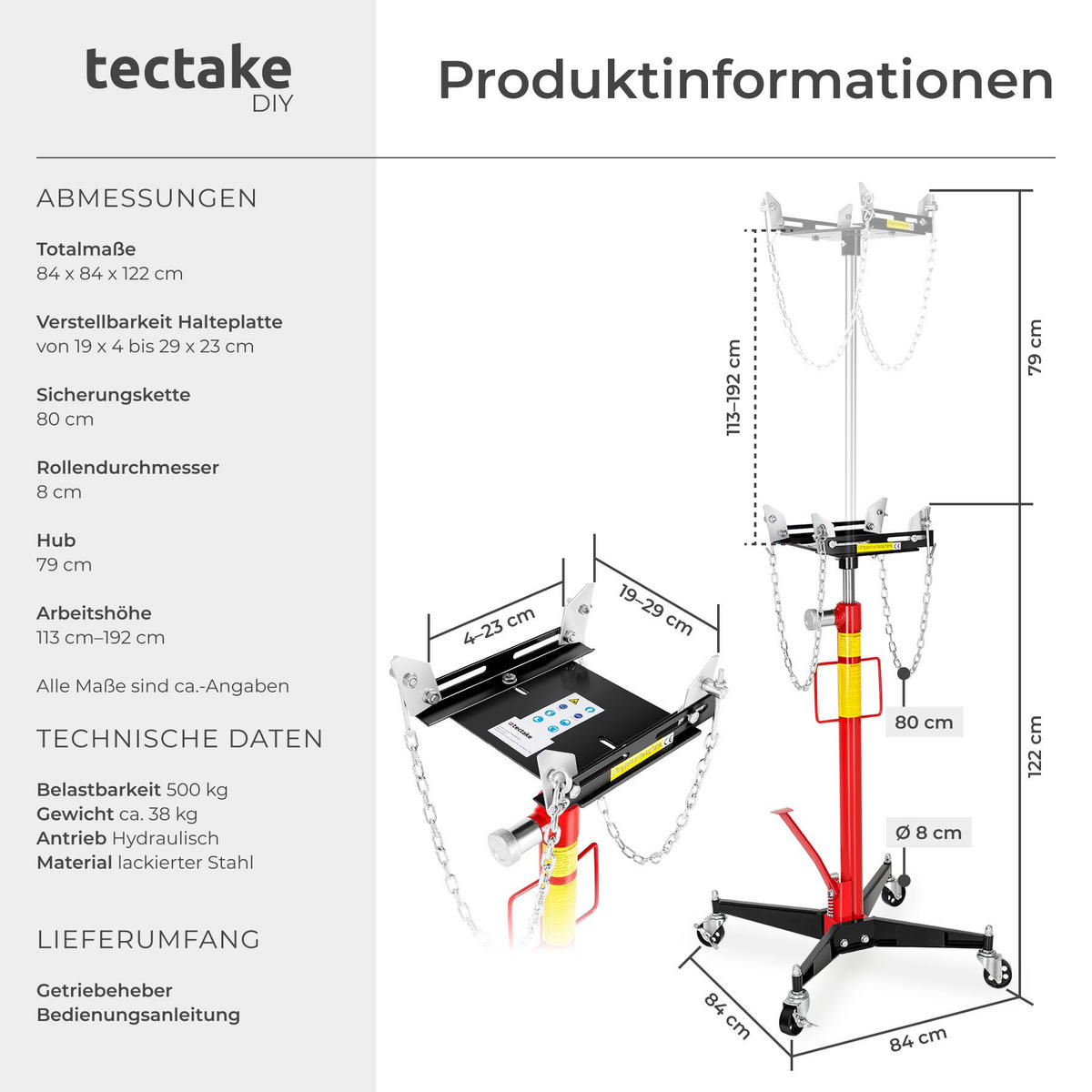 GETRIEBEHEBER , Standfestes Fußkreuz mit 4 Lenkrollen, rot - Rot, Metall (84/84/122cm) - tectake