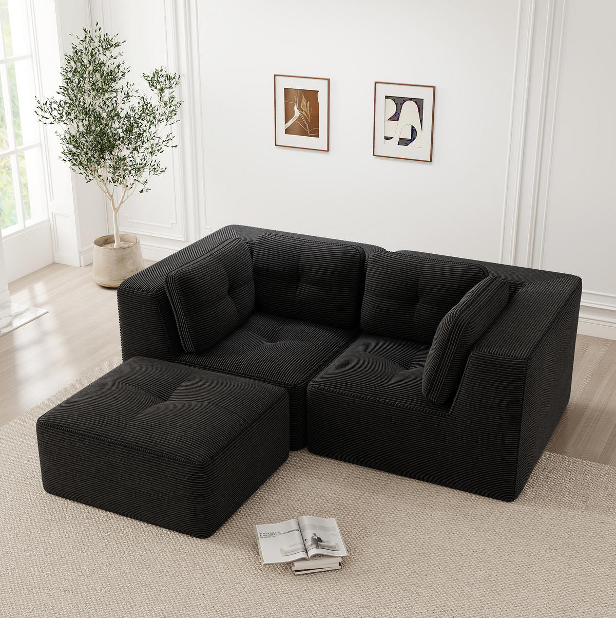 ECKSOFA 208/177/69 cm schwarz aus Cord mit modularem Design und beweglichem Hocker - Schwarz, Textil (177/208cm) - OKWISH
