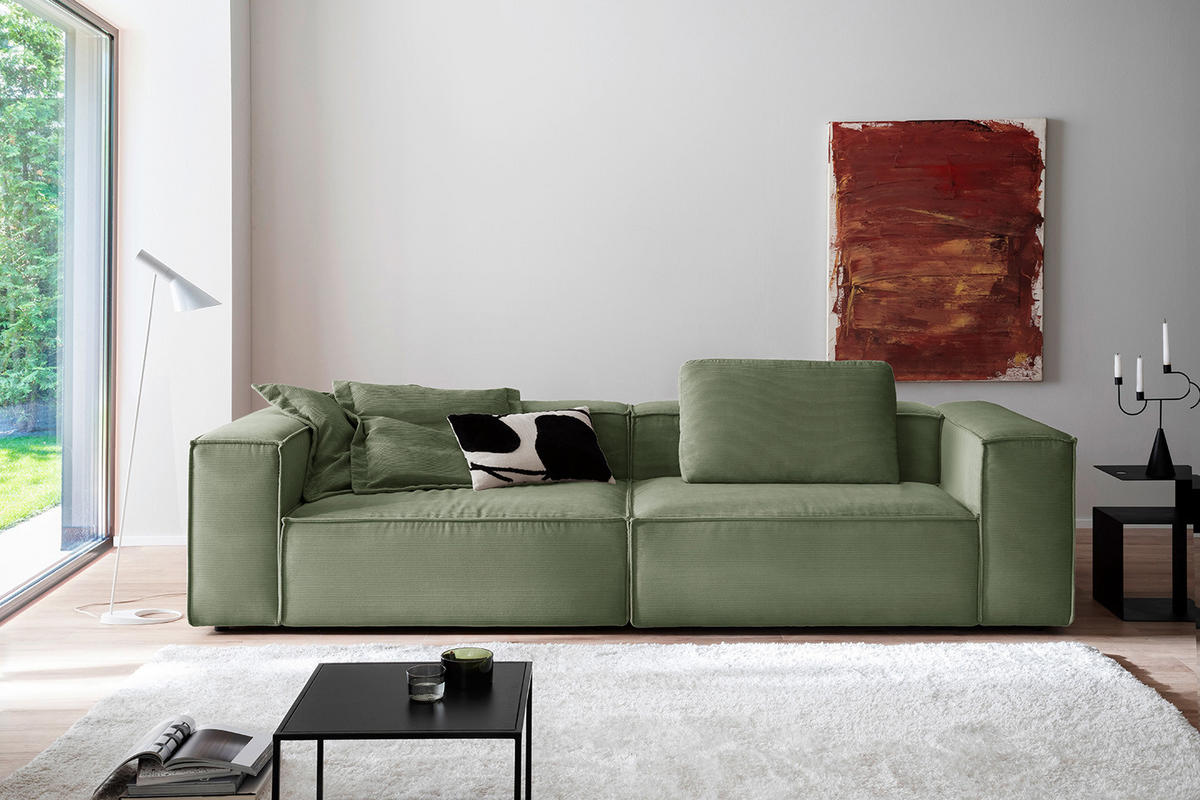 SOFA CARMO Grün Cord - Schwarz/Olivgrün, Kunststoff/Textil (306/68/118cm) - KAWOLA