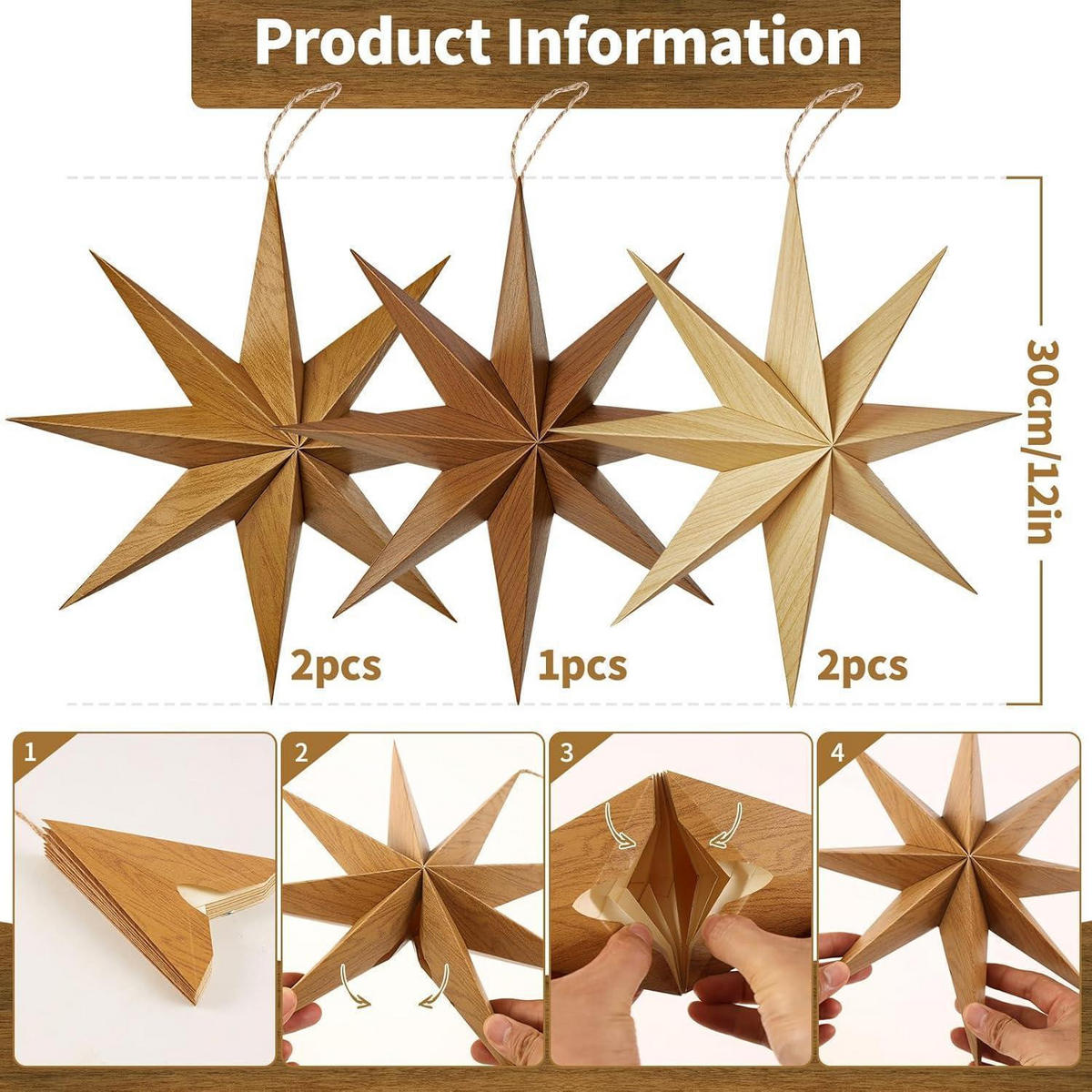PAPIERSTERNE 5er Set Holzmaserung 30 cm - Multicolor, Papier (30/1/30cm)