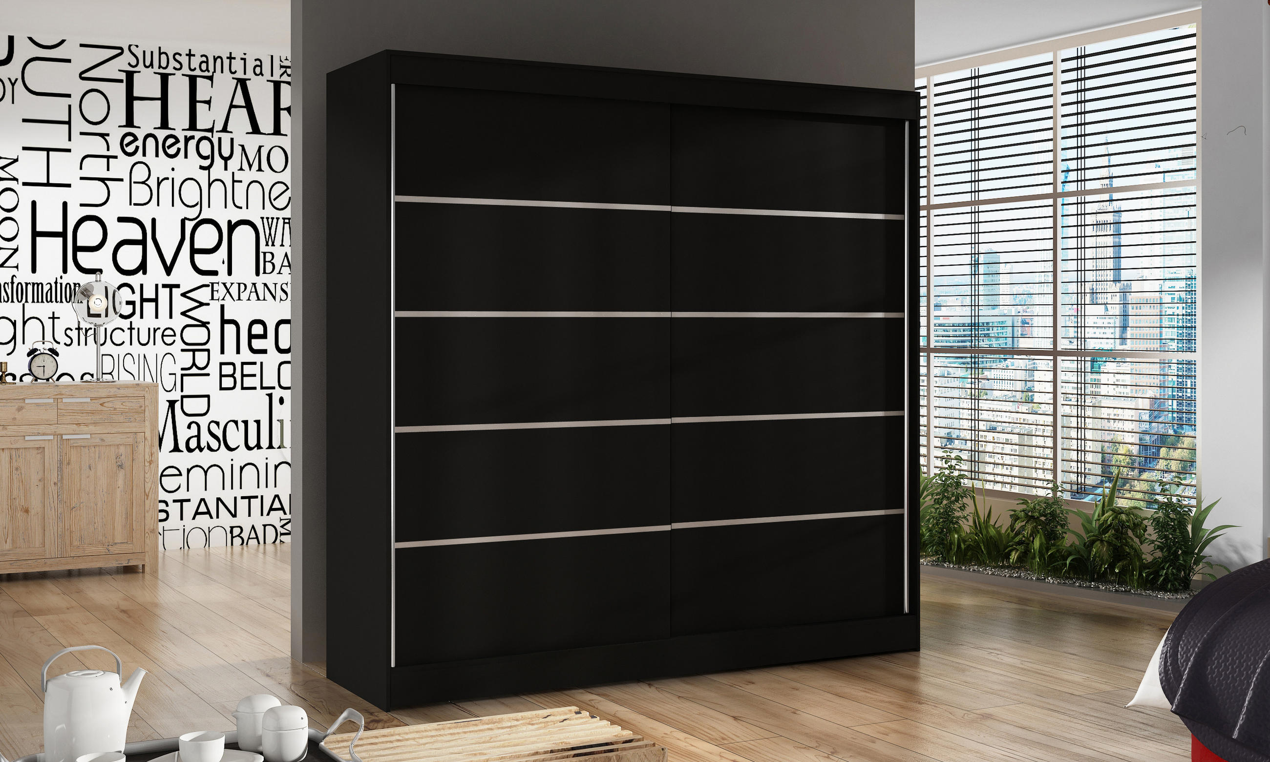 SCHWEBETÜRENSCHRANK Basti IV - 200 cm - Schwarz, Holzwerkstoff/Metall (200/215/58cm) - Sofnet