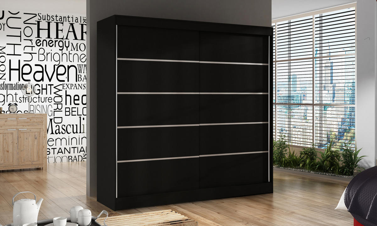 SCHWEBETÜRENSCHRANK Basti IV - 200 cm - Schwarz, Holzwerkstoff/Metall (200/215/58cm) - Sofnet