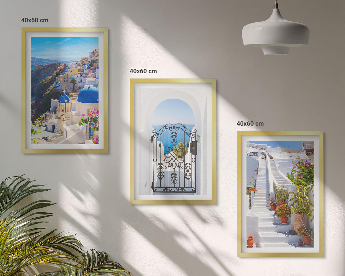WANDBILDER 3er Set - 40x60 cm Goldrahmen - Santorini-Architektur Oia - Goldfarben, Kunststoff (40/60cm) - ArtPrintCave
