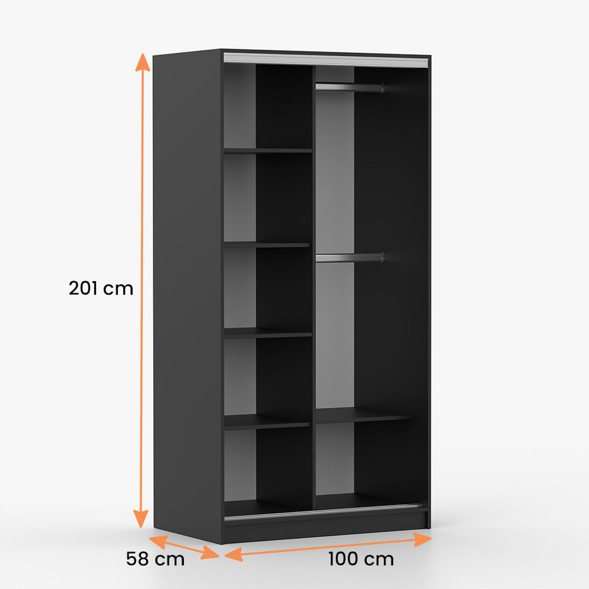 POSUVNÁ skříň Tokyo M 100 cm, 100/201/58, dvoudveřová, černý - barva hliníku/černá, kompozitní dřevo/plast (100/201/58cm) - imoebel24