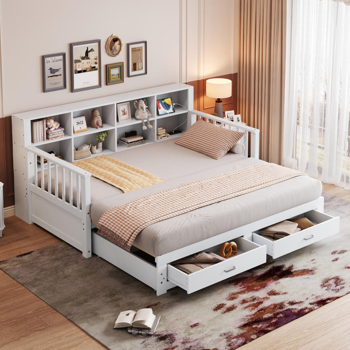 SCHLAFSOFA 90/190 cm ausziehbar mit Steckdose, Stauraum und 2 Schubladen, Weiß - Weiß, Holzwerkstoff (117/80/196.2cm) - Redom