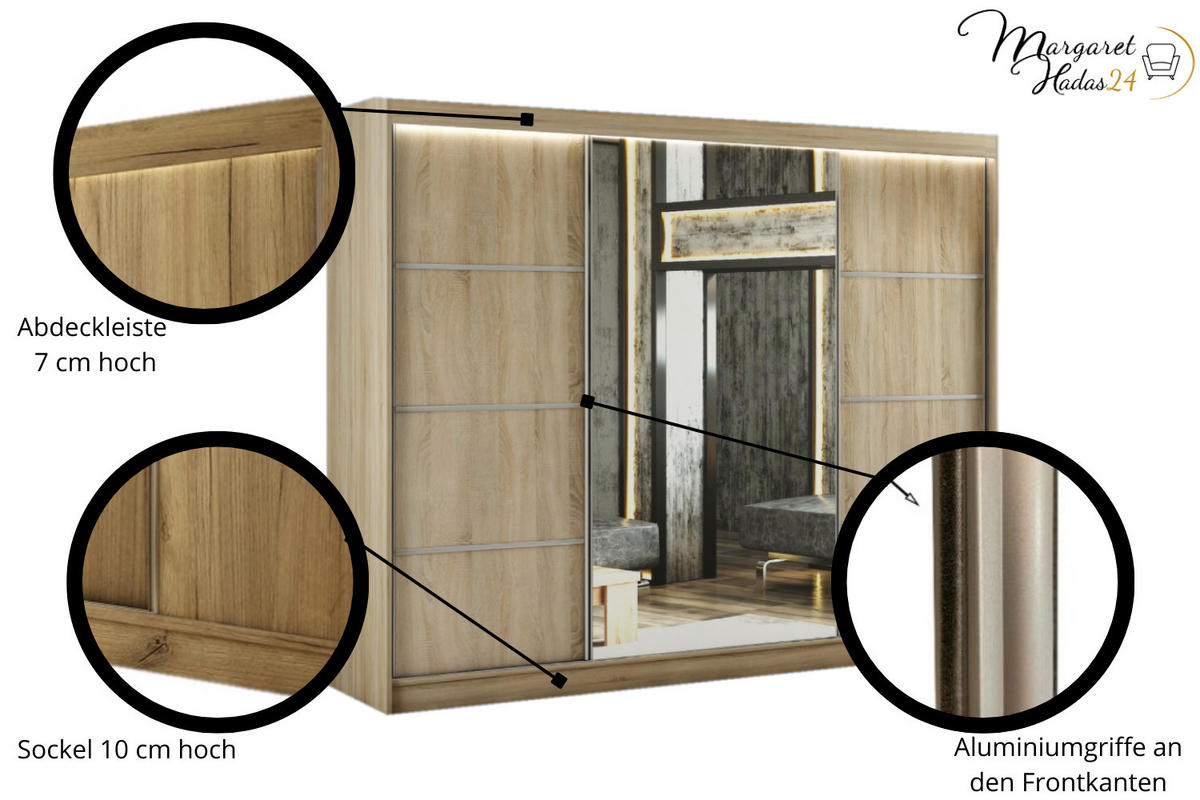 SCHWEBETÜRENSCHRANK Padwa 250 cm mit Spiegel 3-türig, Eiche sonoma und weiße Front - Weiß/Sonoma Eiche, Glas/Kunststoff (250/215/61cm) - Margaret Hadas24