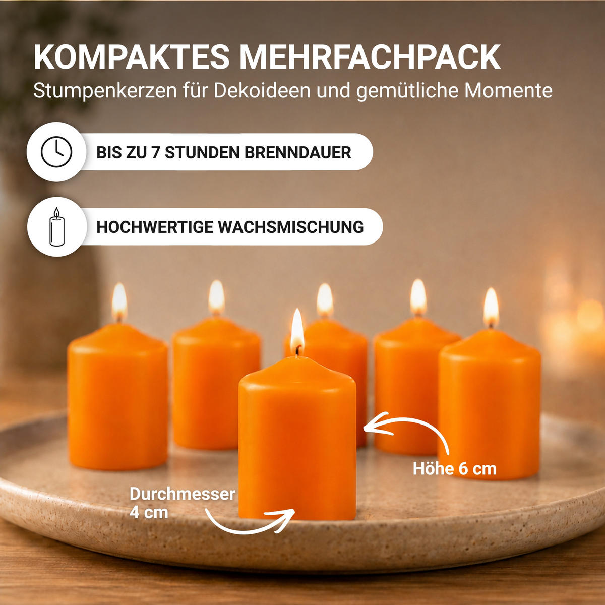 STUMPENKERZEN Ø4xH6 cm Orange 12er-Pack - Orange, Naturmaterialien (4/6cm)