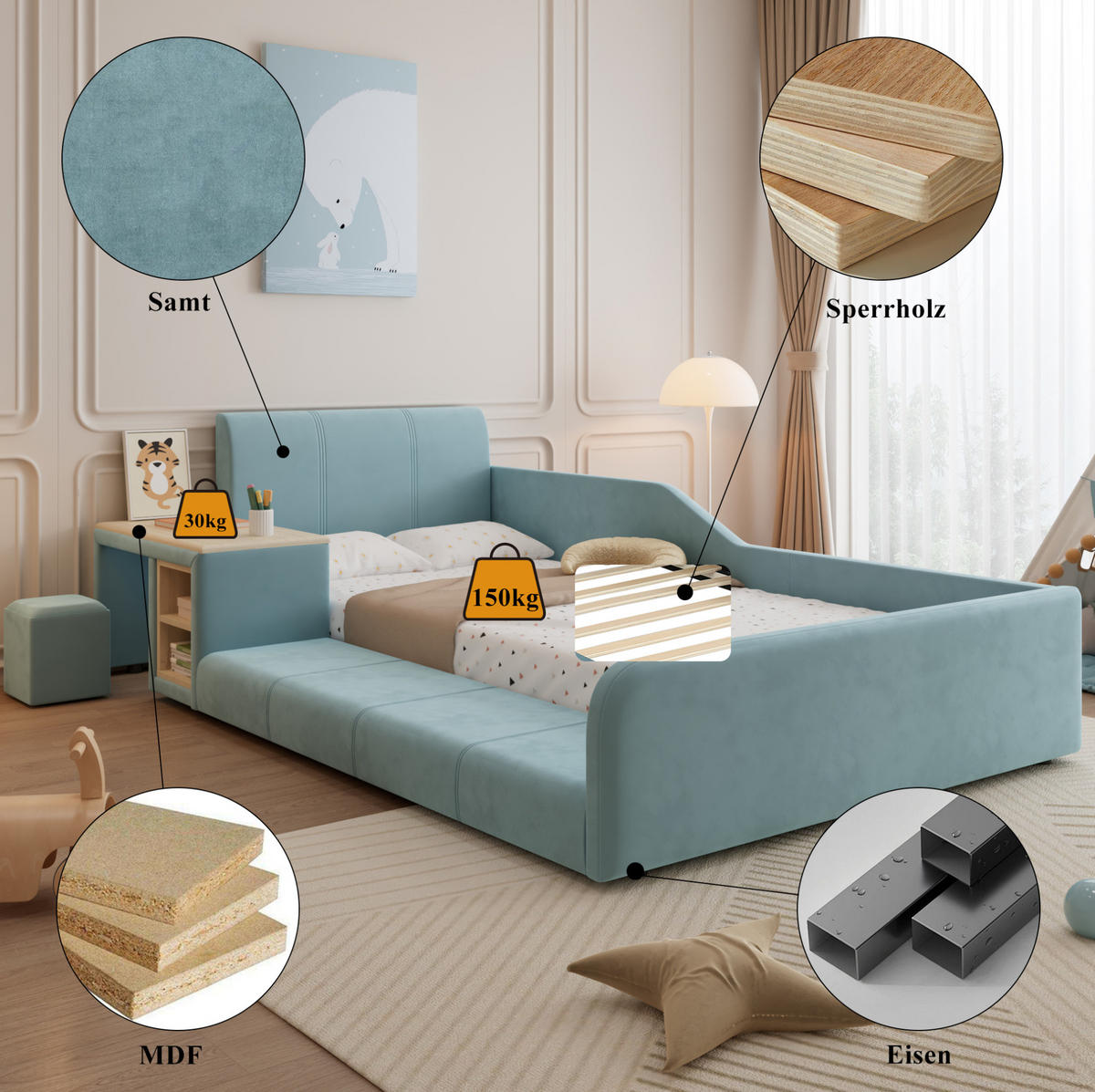 POLSTERBETT 90/200 cm aus Samt mit Schreibtisch und Hocker Blau/Naturfarben - Blau, Textil (90/200cm) - Modenvie