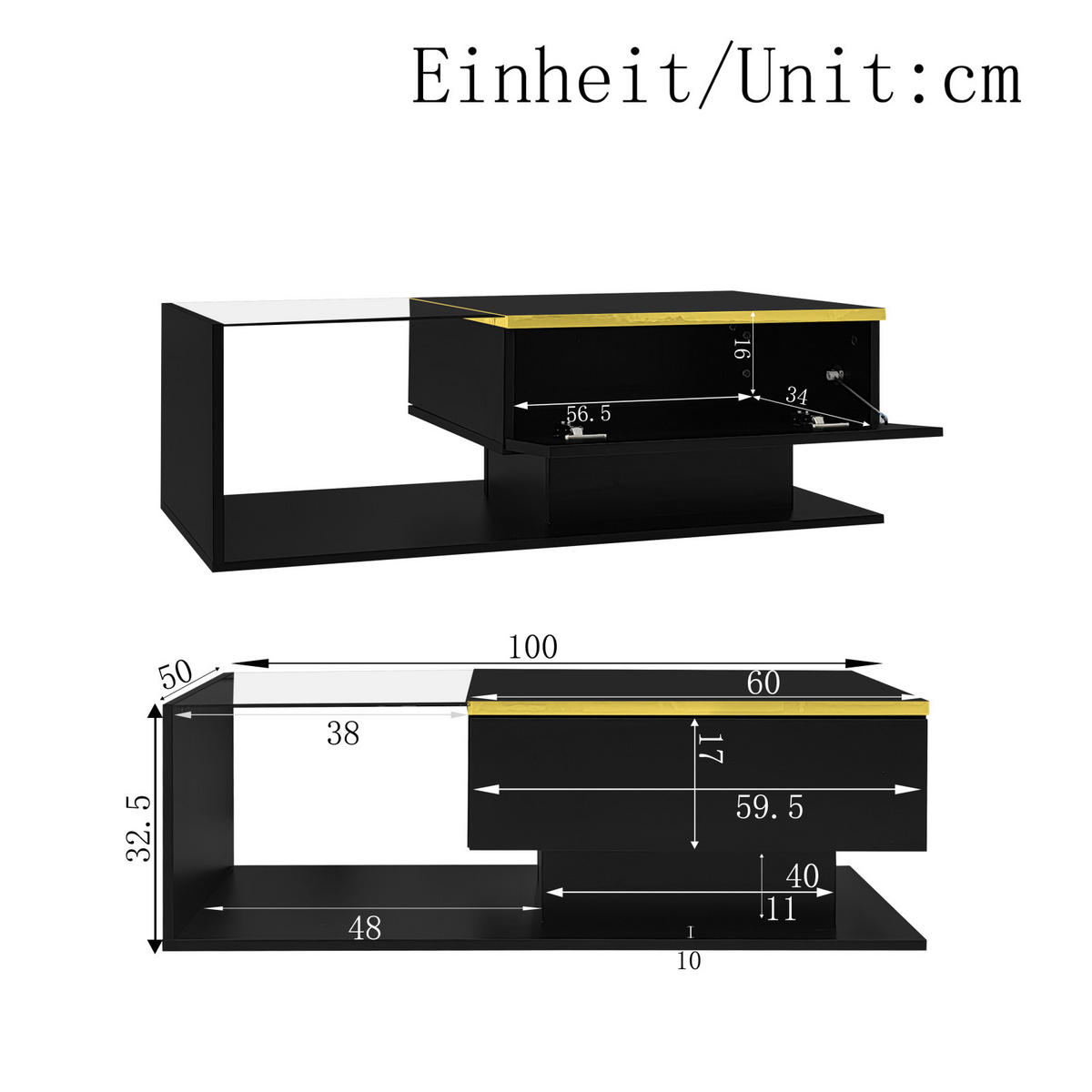 COUCHTISCH Schwarz mit verstellbarer LED und Glasplatte - Schwarz, Metall (100/50/32cm)