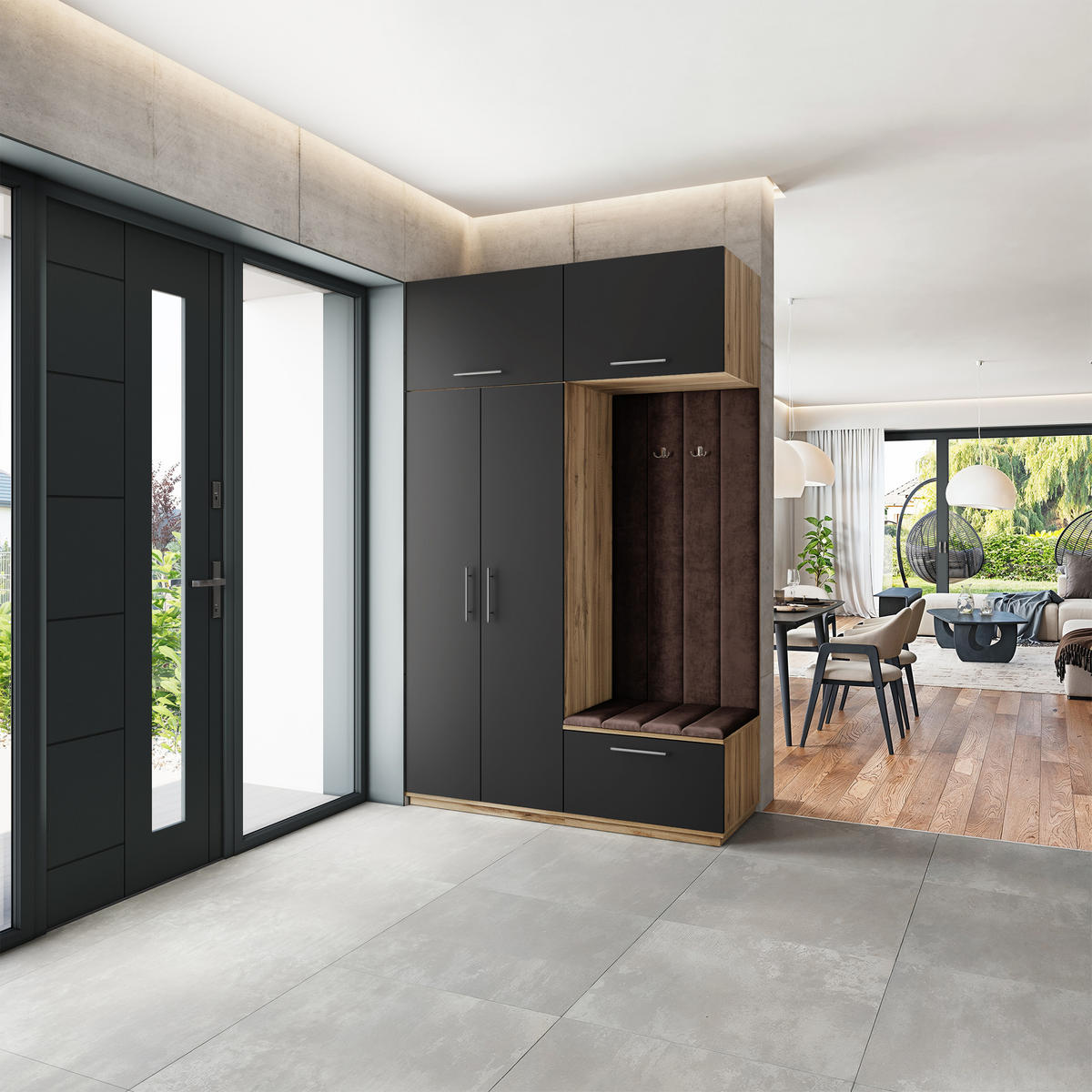 GARDEROBENSCHRANK REMA 150/240/60 cm Modern Garderobe-Set Eiche Wotan - Eiche Wotan/Schwarz, Holzwerkstoff (150/240/60cm) - MASSENO