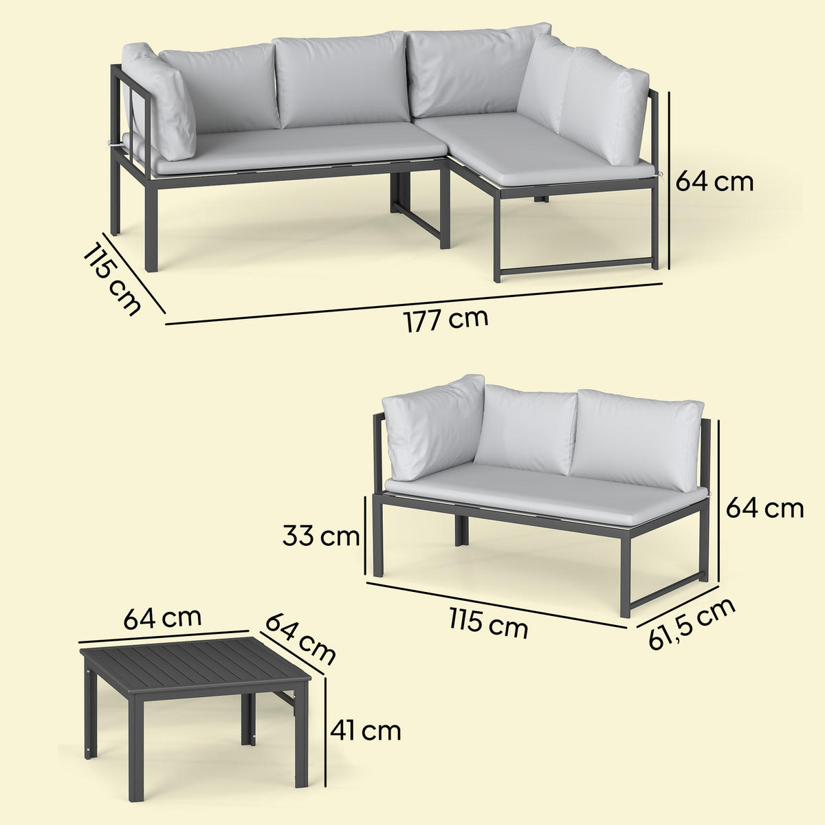 GARTENSET DE-13527 3-teilig mit verstellbaren Armlehnen Grau - Grau, Metall - ComfortXL