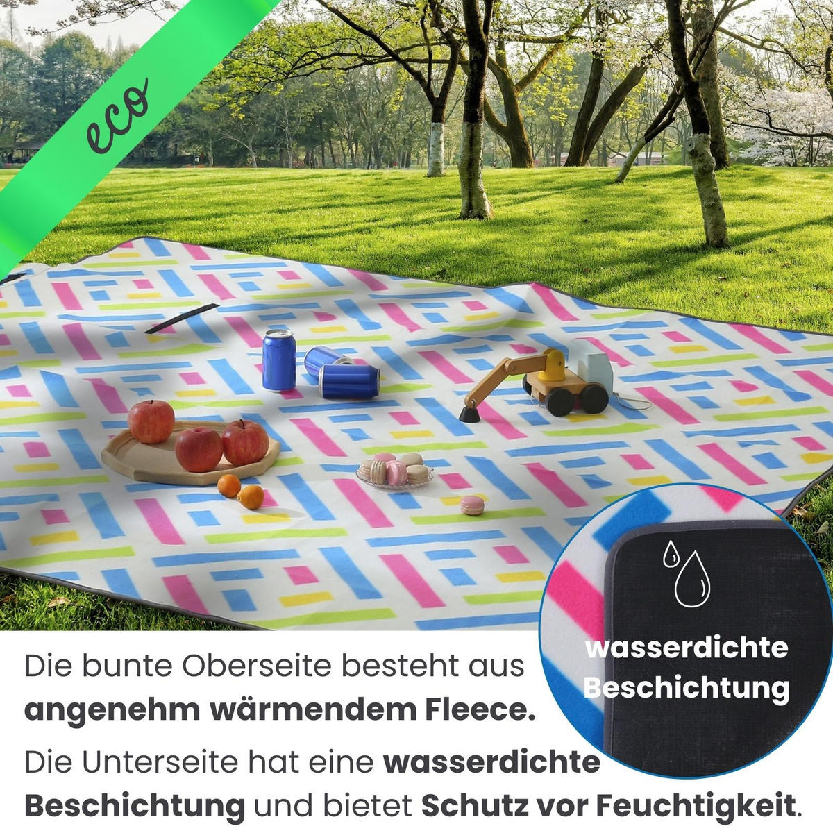 PICKNICKDECKE XXL 200x200 ecoline 100% recyceltes Fleece Grafik blau - Blau/Pink, Textil (200/200cm) - wometo