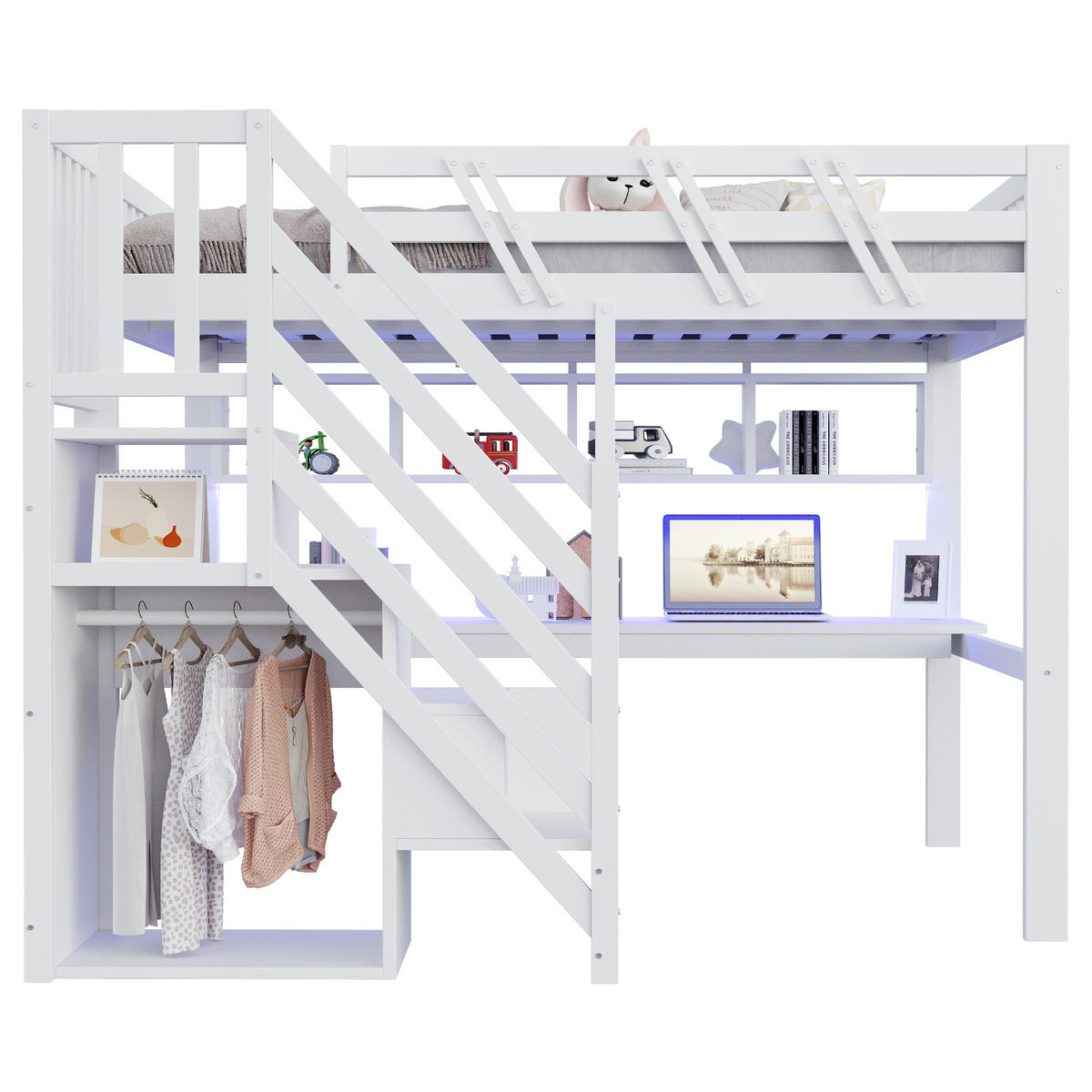 HOCHBETT 140/200 cm DE-01497, in Weiß, mit Aufbewahrungstreppe, Schreibtisch und LED-Licht - Weiß, Holz (140/200cm) - ComfortXL