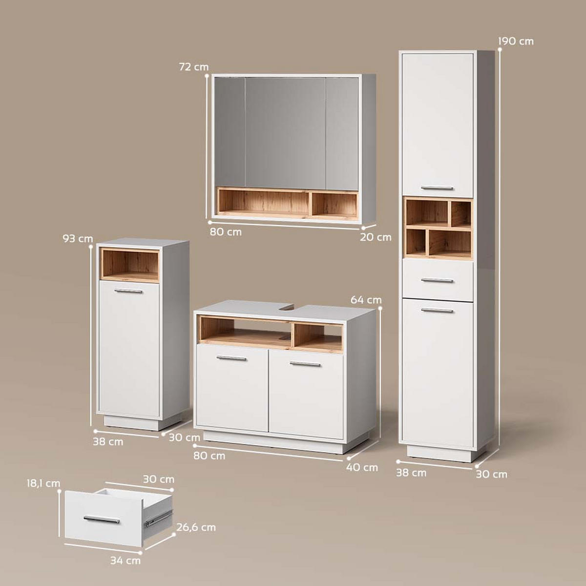 BADMÖBEL-SET Temo Weiß 4 Teile - Weiß/Sonoma Eiche, Holzwerkstoff (80/93/40cm) - Livinity®