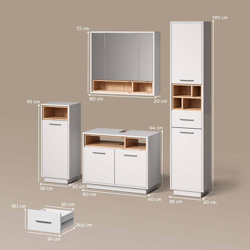 Thumbnail - Livinity® Badmöbel-Set, Weiß, Sonoma Eiche, Holzwerkstoff, 16 Fächer, 1 Schubladen, Rechteckig, 80x93x40 cm, Badezimmer,...