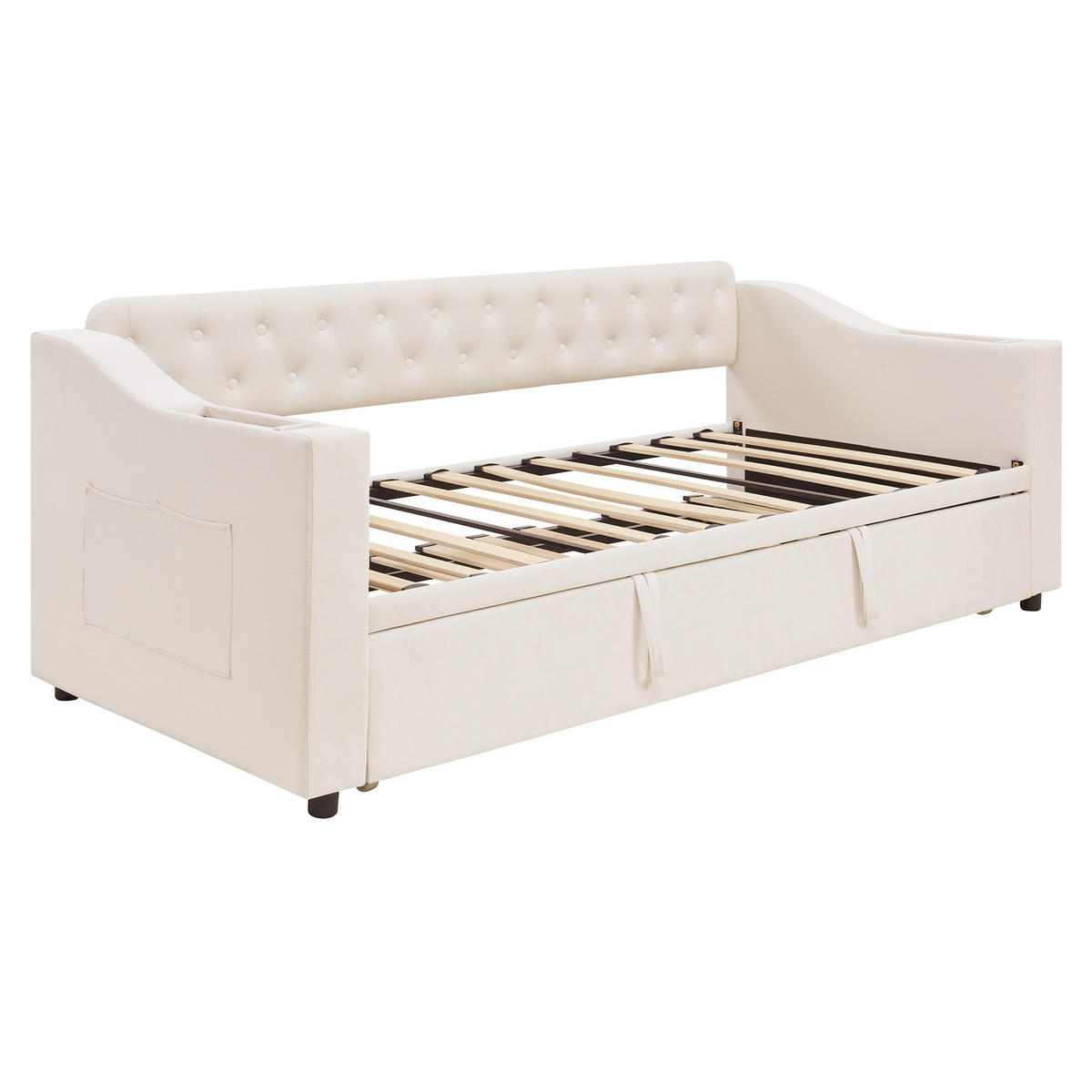 MULTIFUNKTIONSBETT 90/180 cm Beige mit USB-Ladeanschluss und Stauraum - Beige, Textil (90/180cm) - OKWISH