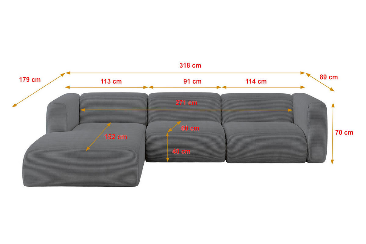 ECKSOFA Ottomane Links MIRA-L2 318x179x89 Dunkelgrau Cord - Dunkelgrau/Schwarz, Holzwerkstoff/Kunststoff (318/179cm) - ALTDECOR