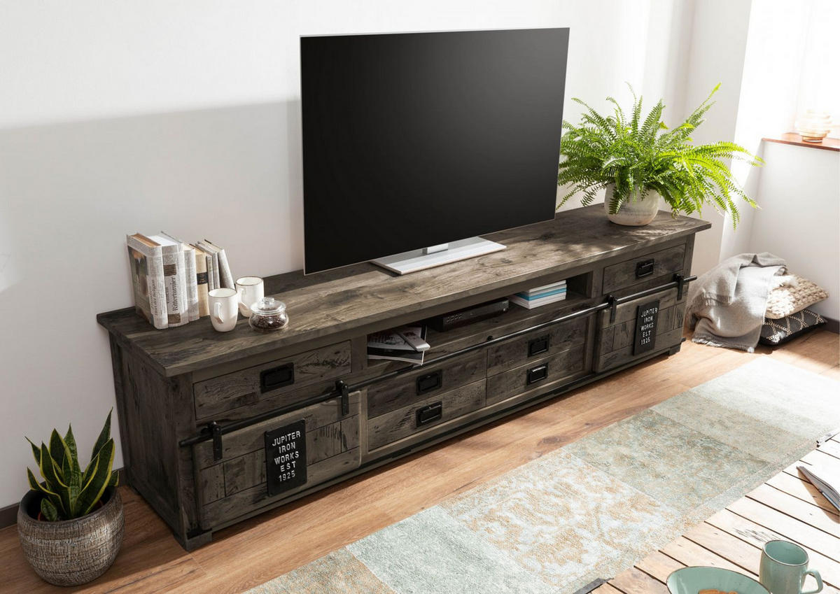 TV-BOARD Mango 240x50x60 grau lackiert RAILWAY #256 - Grau, Holz (240/60/50cm) - Massivmoebel24