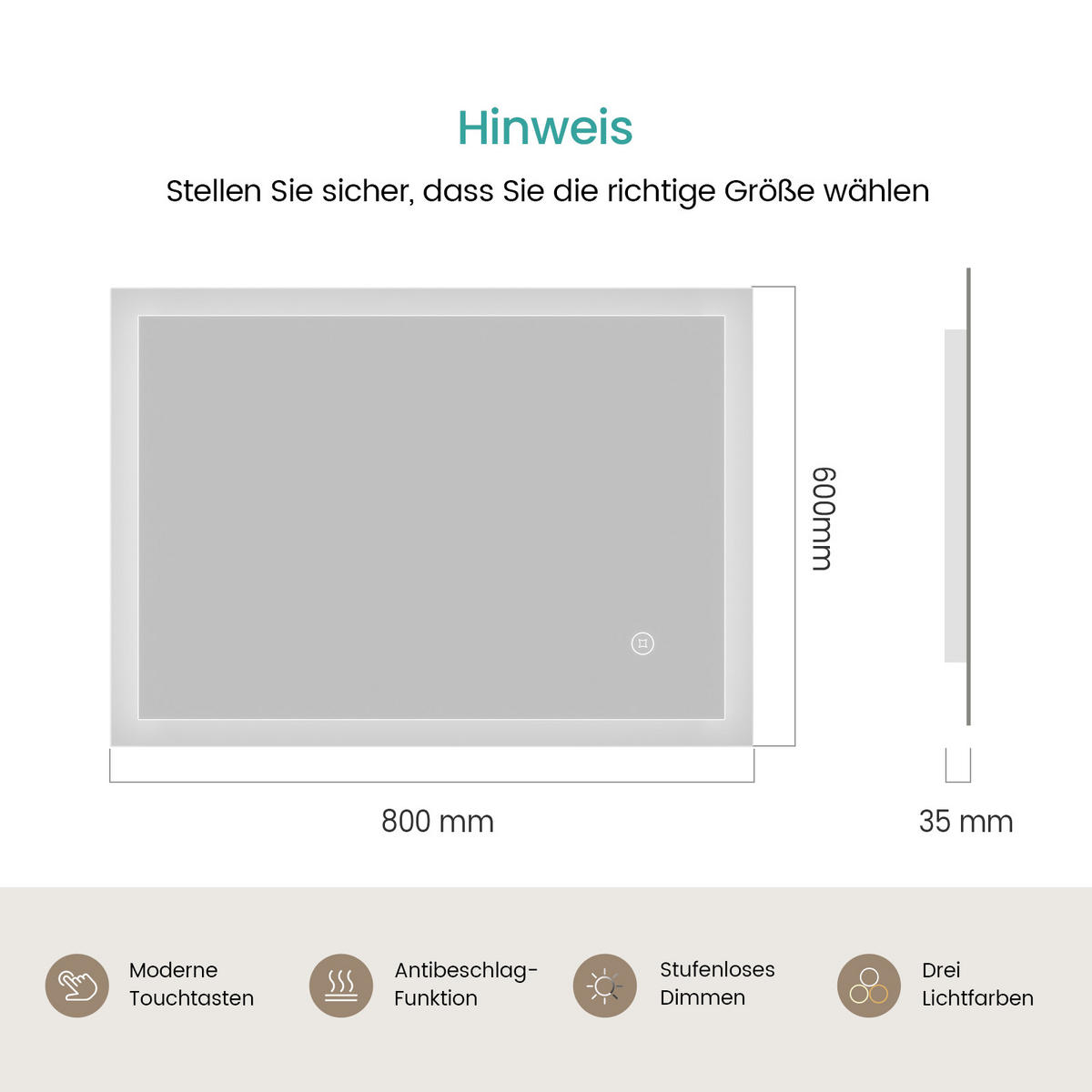 BADSPIEGEL mit Anti-Beschlag Touch-Taste Beleuchtung 80/60/3,5 cm - Weiß, Glas (60/3.5/80cm) - EMKE