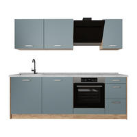 KÜCHENZEILE R-Line, Blau-Grau/Goldkraft Eiche, 220 cm Arbeitsplatte Marmor - Honigeiche/Blaugrau, Holzwerkstoff (220/81.6/60cm) - Vicco